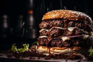 ai generado grande sabroso hamburguesa con queso con carne de vaca empanada y vegetales en negro antecedentes foto