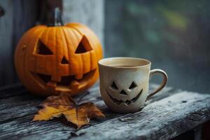 AI generated Halloween pumpkin and cup of coffee on rustic wooden background. photo