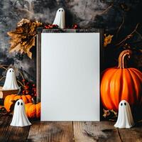 AI generated Halloween background with blank paper sheet, ghosts and pumpkins on wooden background photo
