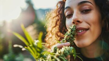 AI generated Close-up portrait of a beautiful young woman with curly hair holding a cannabis plant in her hands. The concept of legalization of the cannabis. photo