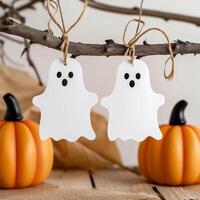 AI generated Halloween decoration with pumpkins, ghosts and spiders on wooden background photo