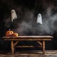 AI generated Halloween decoration with pumpkins, ghosts and spiders on wooden background photo