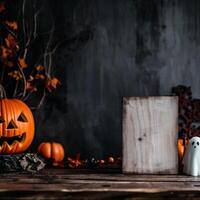 AI generated Halloween decoration with pumpkins, ghosts and spiders on wooden background photo