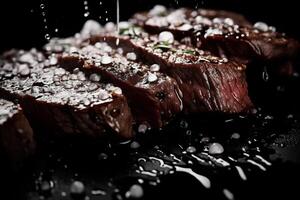 AI generated Beef steak with water drops on a black background photo