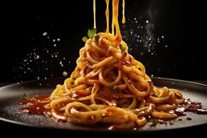 AI generated Spaghetti with tomato sauce and parmesan on a black background photo