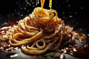 AI generated Spaghetti with tomato sauce and parmesan on a black background photo