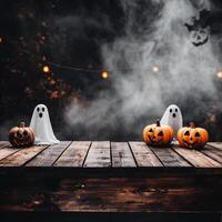 ai generado Víspera de Todos los Santos decoración con calabazas, fantasmas y arañas en de madera antecedentes foto