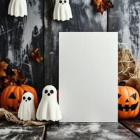 ai generado Víspera de Todos los Santos decoración con calabazas, fantasmas y arañas en de madera antecedentes foto