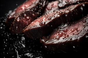 AI generated Beef steak with water drops on a black background photo