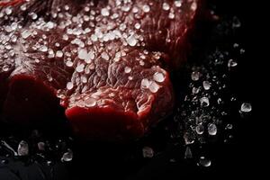 AI generated Beef steak with water drops on a black background photo