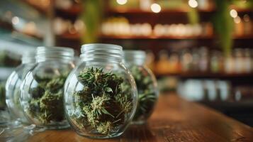 AI generated Cannabis buds in a glass jar. Close-up. photo