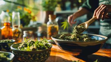 AI generated Cannabis buds in a bowl on the table in the kitchen photo