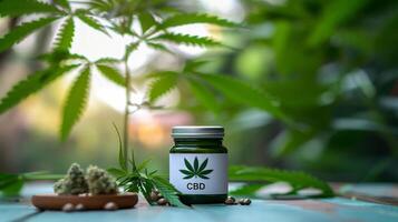 AI generated Cannabis CBD oil in a bottle with marijuana leaves and seeds on a wooden table with a blurred background photo