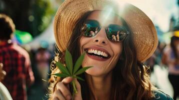 AI generated Portrait of smiling young woman with cannabis leaf at music festival in city photo