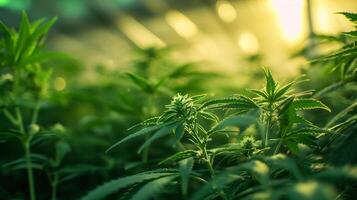 AI generated Cannabis background. Green leaves of marijuana. Cannabis grow operation. Legal Marijuana cultivation photo