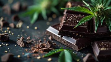 AI generated Chocolate bar with marijuana leaves and grinder on dark background. photo