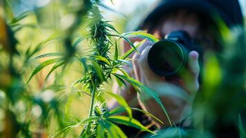 AI generated Young woman photographer with a camera takes pictures of cannabis leaves in the field photo