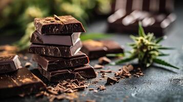 AI generated Chocolate bar with marijuana leaves and grinder on dark background. photo