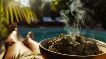 AI generated Cannabis buds in a bowl on the table by the pool photo