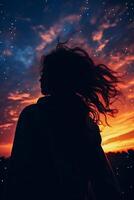 AI generated Silhouette of a beautiful young woman on the background of the starry sky photo