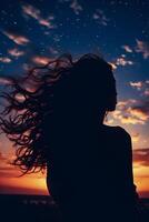 AI generated Silhouette of a beautiful young woman on the background of the starry sky photo