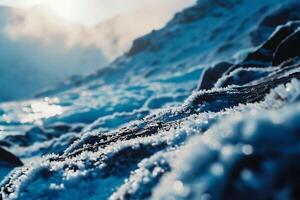 AI generated Frozen snow on the rocks in the mountains. Winter landscape. photo