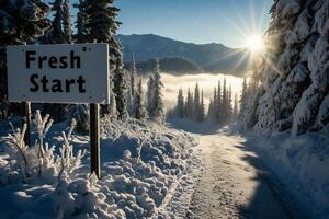 AI generated Signboard with the inscription fresh start in the mountains in winter. photo