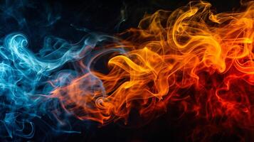 AI generated Colorful smoke of orange, yellow and blue on a black isolated background. Background from the smoke of vape photo