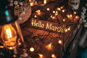 AI generated Hello March text on a wooden board with a garland lights. photo