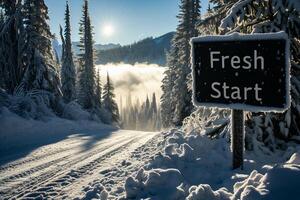 AI generated Signboard with the inscription fresh start in the mountains in winter. photo