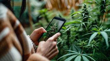 AI generated Close-up of a young woman using smartphone to take a photo of cannabis plant