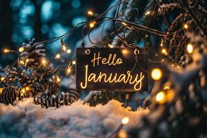 AI generated Conceptual image with text Hello January. Blurred background. photo