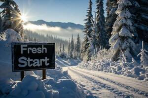 AI generated Signboard with the inscription fresh start in the mountains in winter. photo