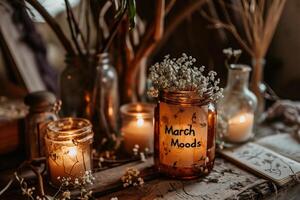 AI generated still life with candles and dried flowers in a glass jar on a wooden table photo