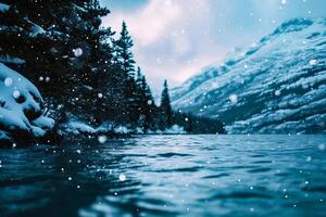 AI generated Snowy winter landscape with frozen lake and snowflakes in mountains photo