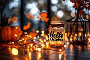 AI generated Hello October text in a glass jar on a wooden table with lights and pumpkins photo