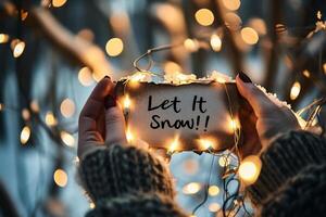 AI generated Sign with the text Let It Snow on the background of a Christmas garland. photo