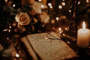 AI generated Vintage magic book with rose and candles on the table. Christmas background. photo