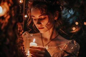 ai generado retrato de un hermosa joven mujer en un Navidad árbol con un vela. foto
