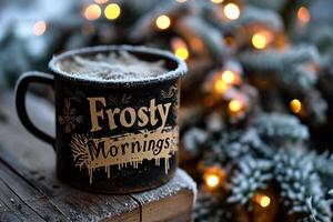 ai generado taza de café con Navidad decoración en de madera antecedentes foto