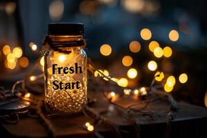 AI generated Close up of a small glass bottle with the text Fresh Start written in it photo