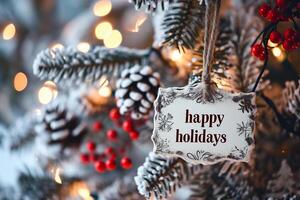 AI generated Happy Holidays greeting card. Decorated Christmas tree outdoors. photo