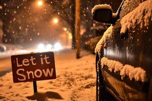 ai generado dejar eso nieve firmar en frente de un coche en un Nevado noche foto