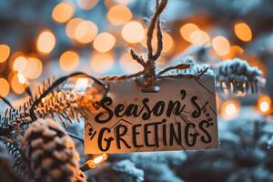 AI generated Christmas greeting card with text Season's Greetings. Blurred background. photo