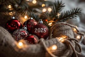 AI generated Christmas and New Year background. Christmas tree, gifts and lights. photo