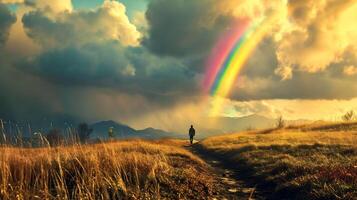 ai generado un hombre caminando en un montaña prado con un arco iris en el cielo foto