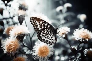 AI generated butterfly on flower in the garden with filter effect retro vintage style photo