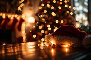 ai generado Papa Noel sombrero en de madera mesa con Navidad árbol y bokeh antecedentes foto