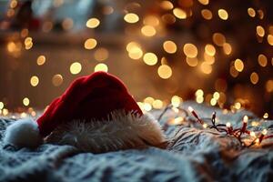 ai generado Papa Noel claus sombrero en el cama con Navidad árbol en el antecedentes. foto