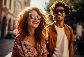 AI generated Portrait of happy young couple in sunglasses looking at camera while walking outdoors photo